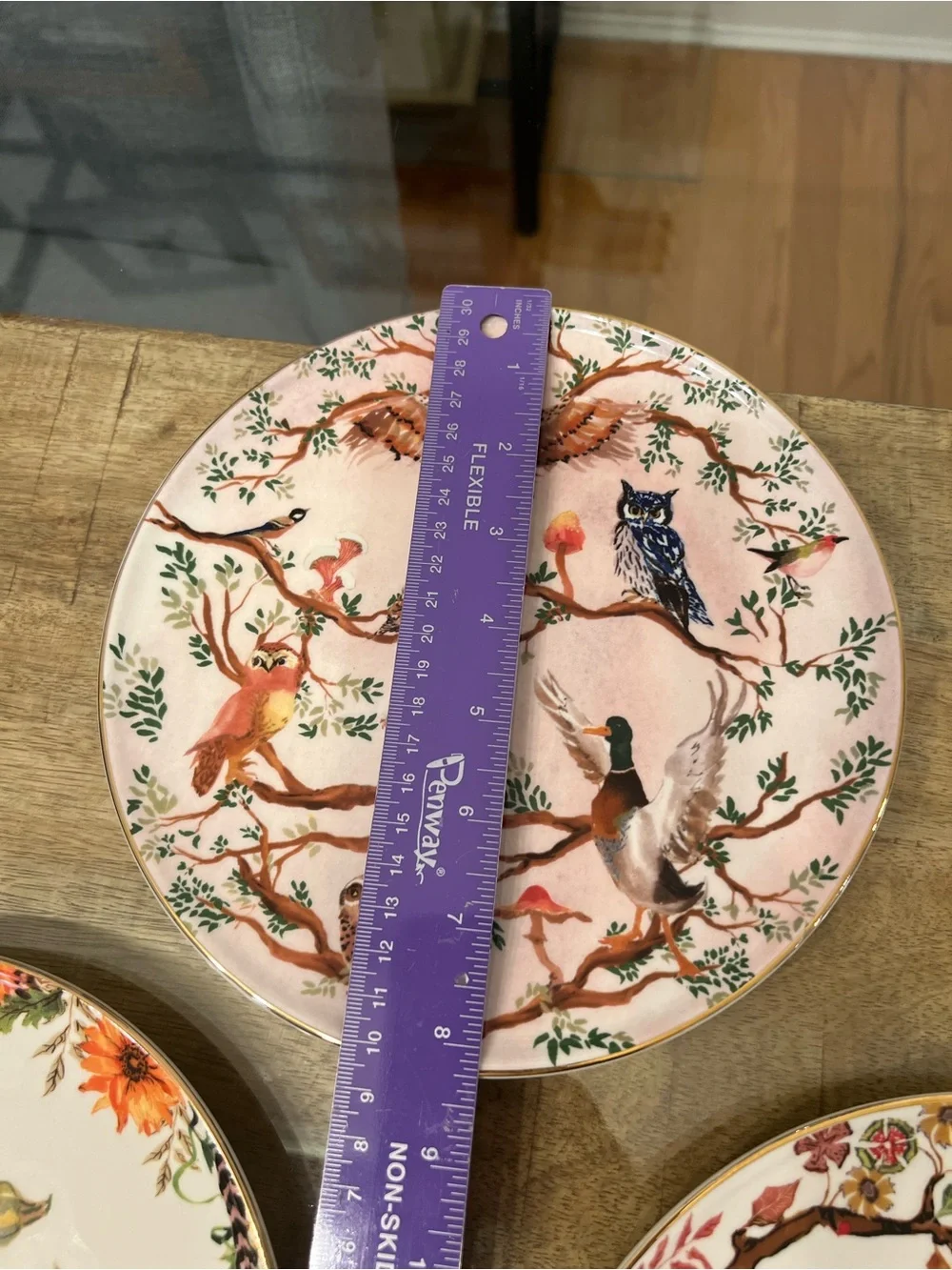 Anthropologie Inslee Fariss Autumn's Bounty Side Plate - Pink Owl Bird Squirrel